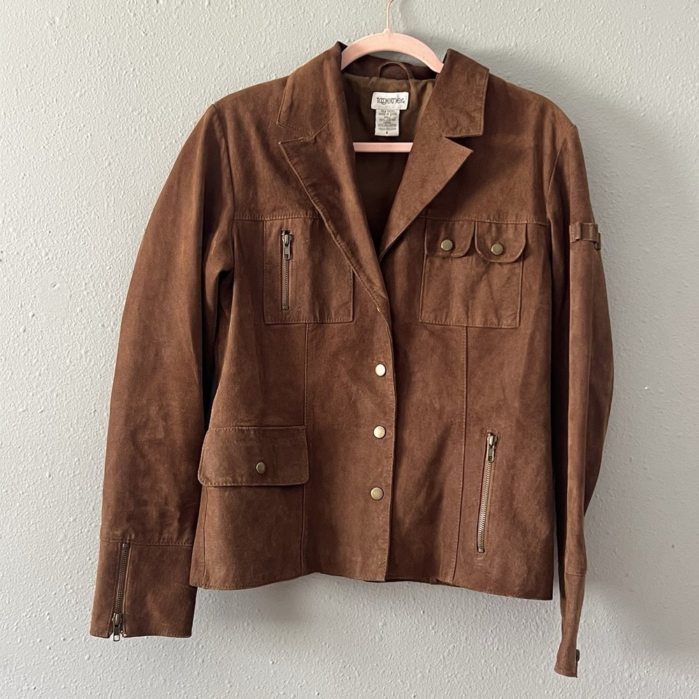 Vintage Together Leather Jacket Womens Size 6 Camel Tan Gold Snaps Moto Utility